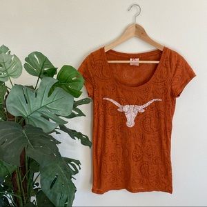 UT Texas Longhorns Paisley Print Burnt Orange Fitted Short Sleeve Burn Out Tee
